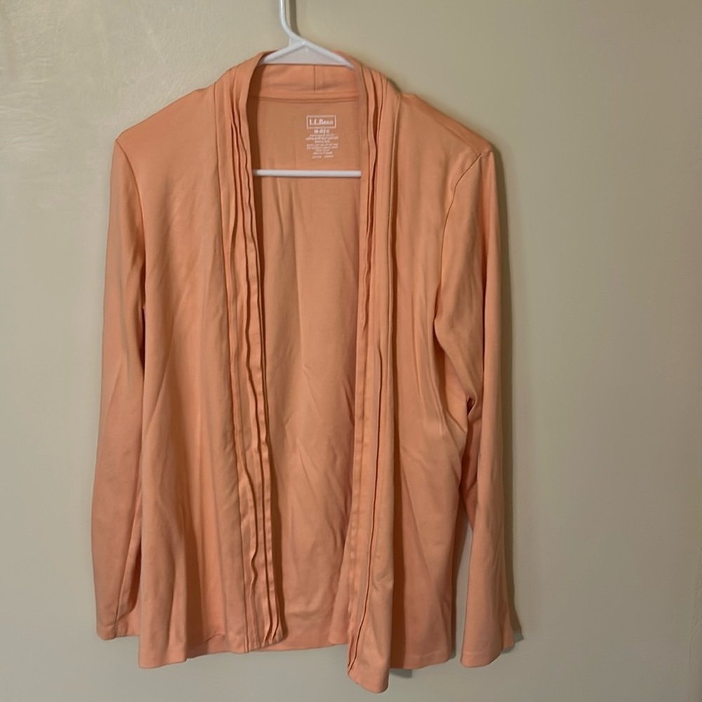 L.L.Bean Peach 100% Supima Cotton Pleated Twin Rib Open Cardigan Sweater M